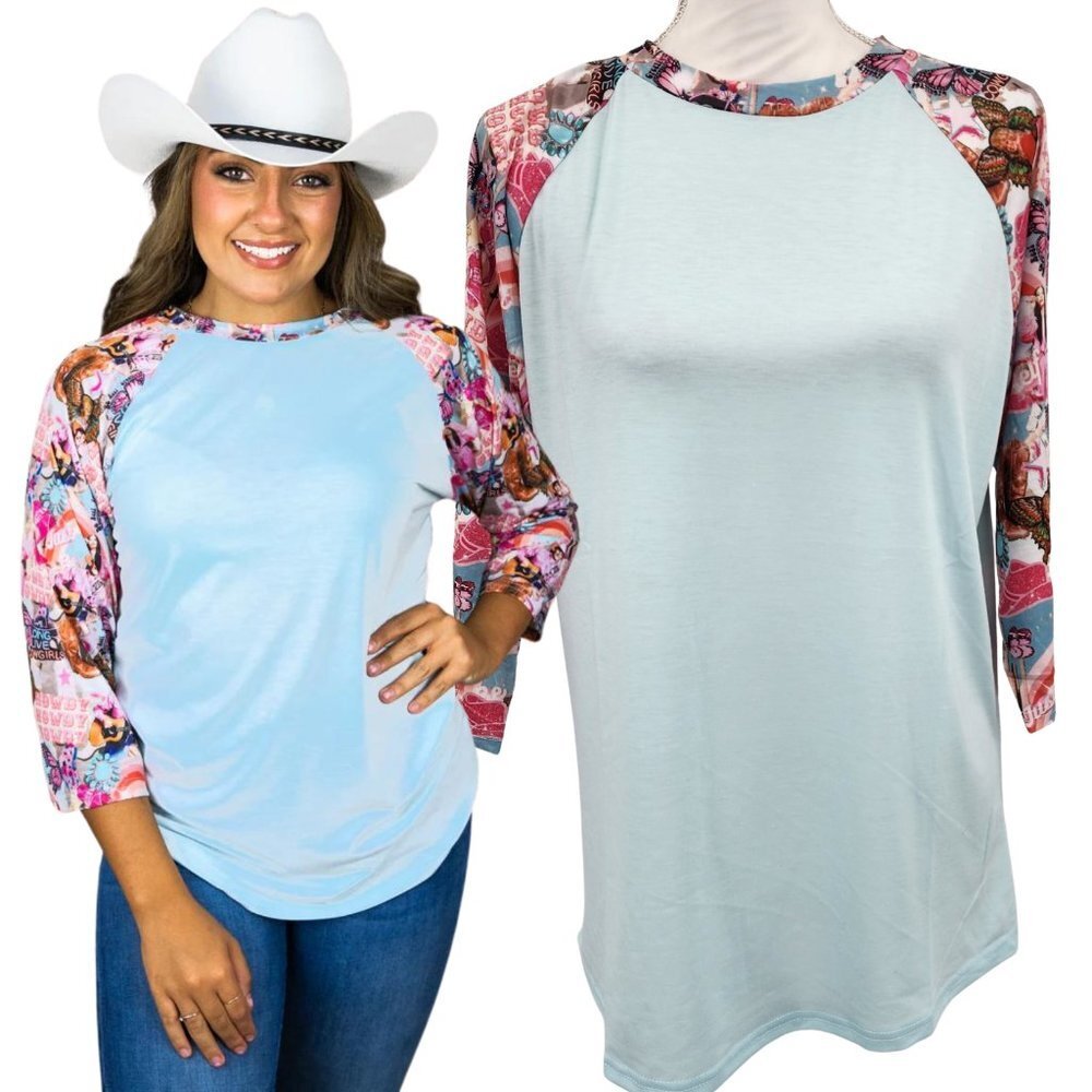 PRISSY JANE Cowgirl Theme Raglan T-Shirt Womens Light Blue Graphic Print Top L